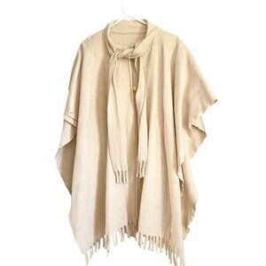 Vintage Wool Cape with Tie Neck Collar Fringe Quiet Luxury OS